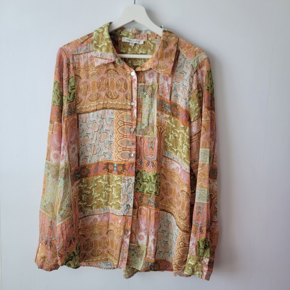 Rose + Olive women's Paisley patchwork top size xl  button-up Boho Airy retro